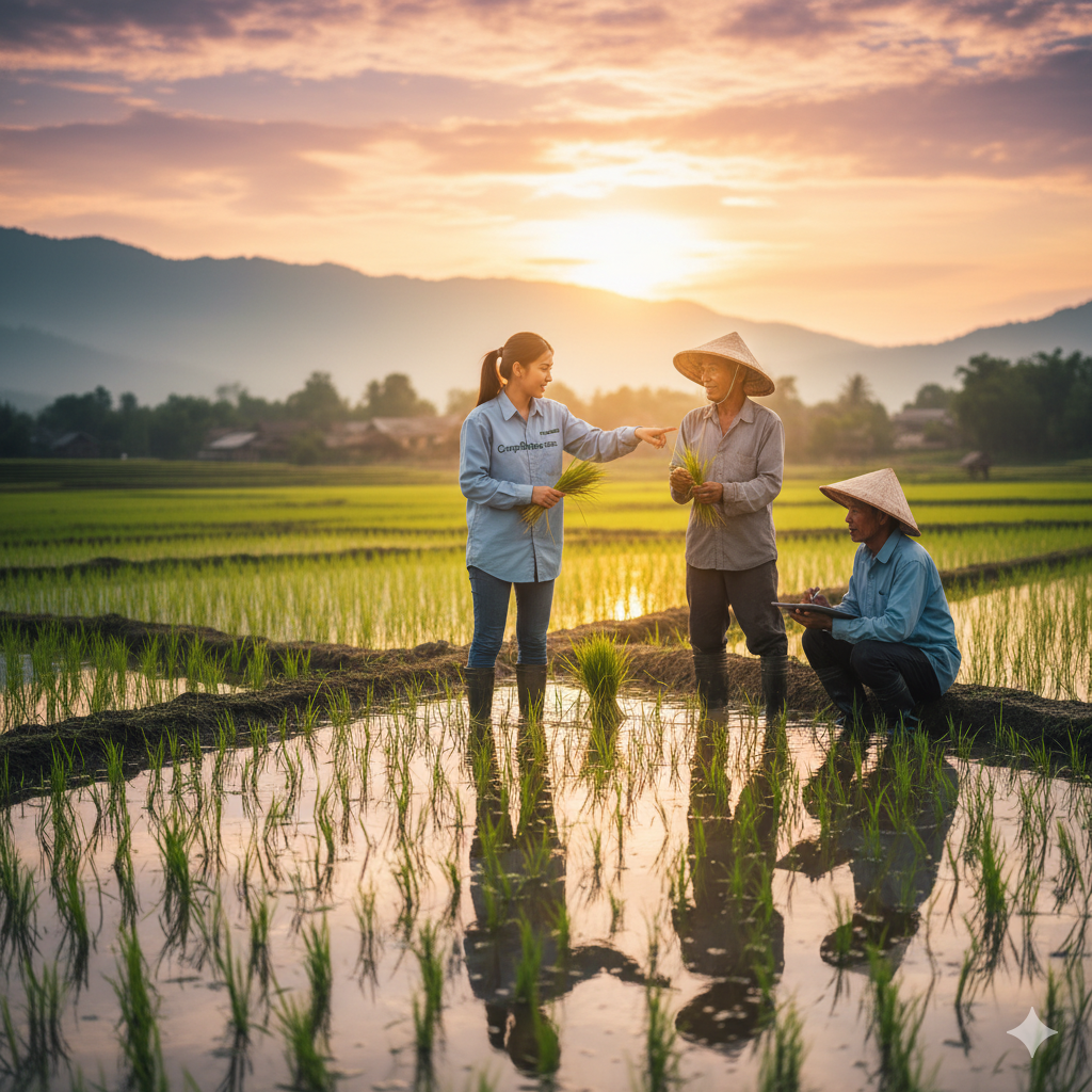 Three people planting rice in a flooded paddy field at sunrise, with a woman pointing and two men wearing conical hats.