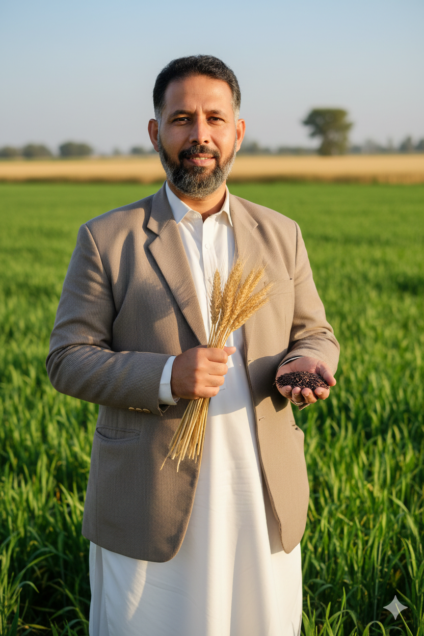 A man with a beard wearing a beige blazer and white traditional clothing stands in a green field, holding golden wheat stalks in one hand and dark seeds in the other.