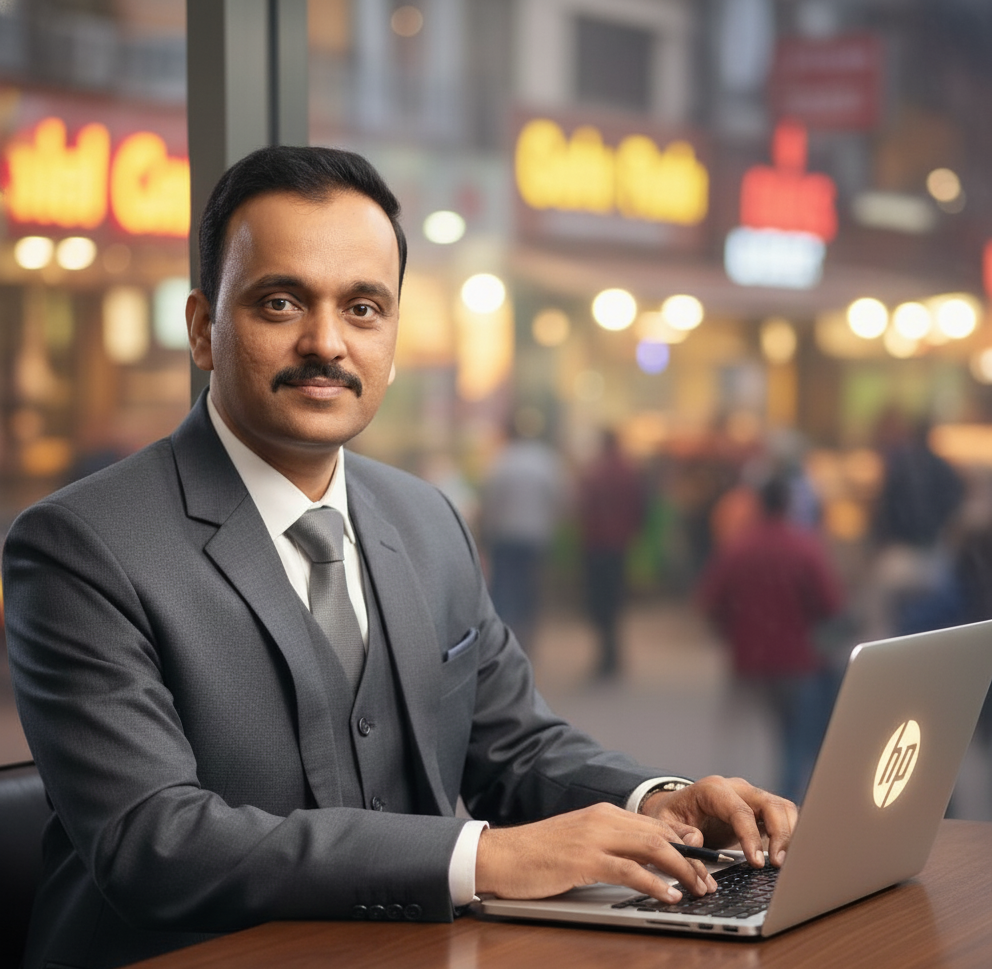 A man in a professional grey three-piece suit uses an HP laptop at a wooden table, with blurred city street lights visible through the window behind him.