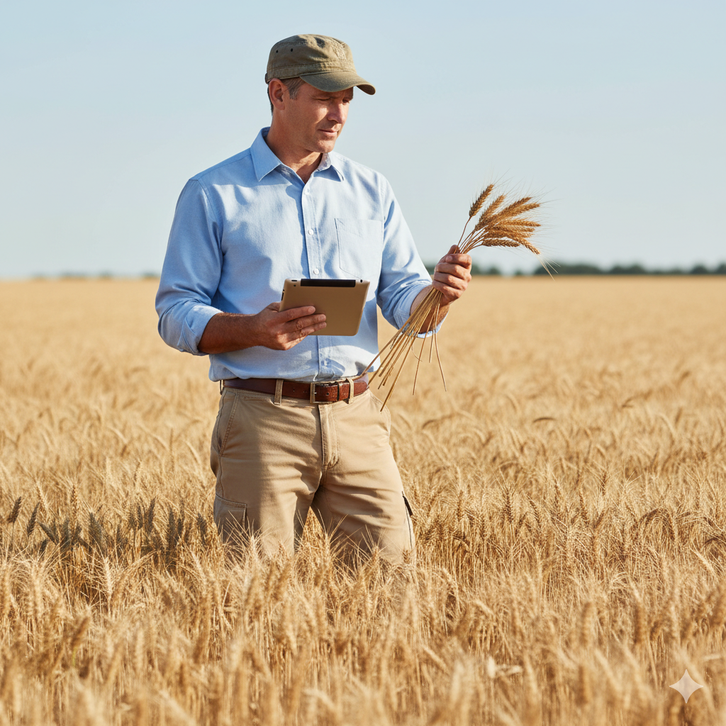 A man in a blue shirt and khaki pants stands in a golden wheat field, holding a tablet and inspecting stalks of wheat under a clear sky.