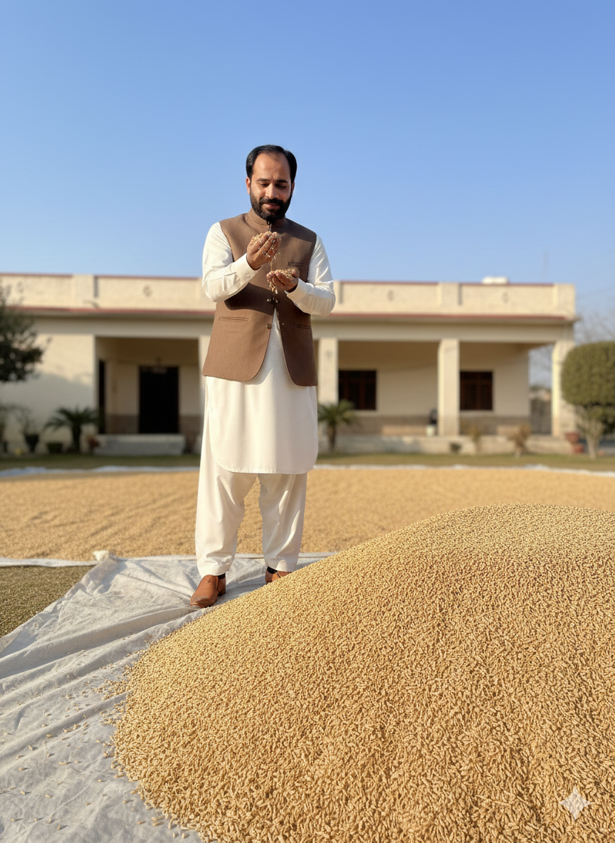 http://A%20man%20in%20a%20white%20kurta%20and%20brown%20waistcoat%20stands%20behind%20a%20large%20pile%20of%20golden%20grain%20in%20a%20sunny%20courtyard,%20holding%20a%20handful%20of%20the%20harvest%20to%20inspect%20it.